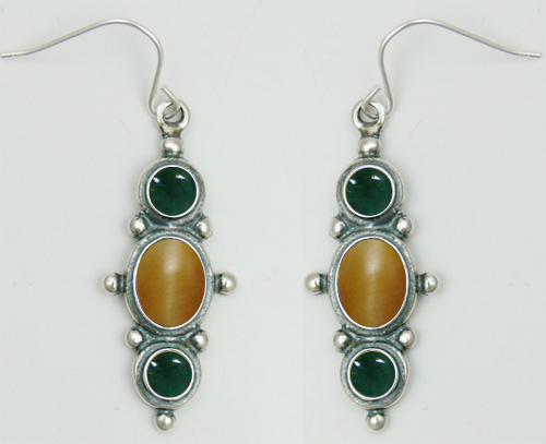 Sterling Silver Drop Dangle Earrings With Cat's Eye And Fluorite